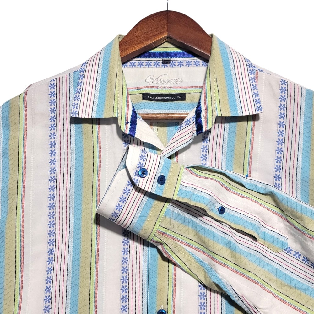 Visconti Men's Medium Blue Green Striped Button-up Roll Tab Sleeve Shirt‎